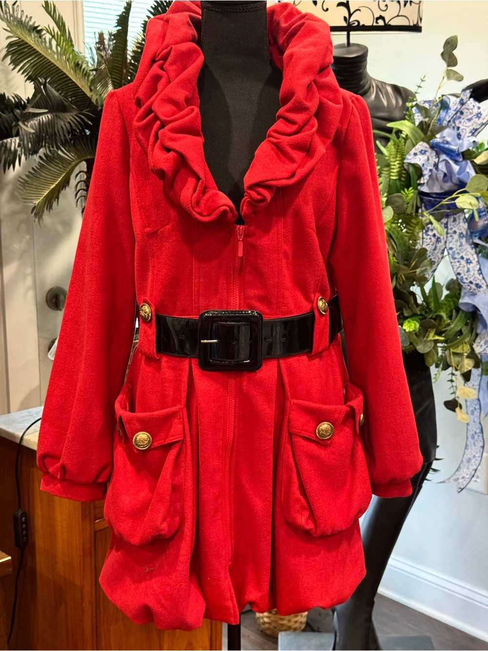 Yoki Red Ruffle Collar Pea Coat with Black Patent Belt Rayon and Wool material